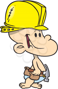 Royalty Free Clipart Image of a Baby With a Helmet and Hammer
