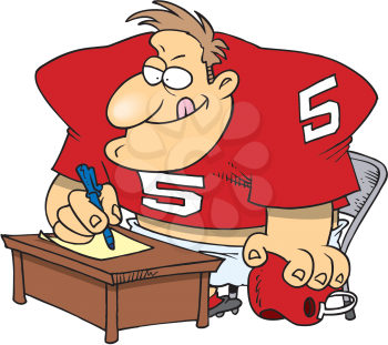 Royalty Free Clipart Image of a Football Player at a Desk