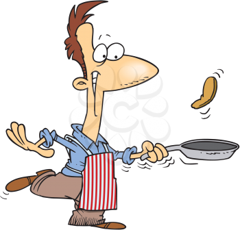 Royalty Free Clipart Image of a Man Flipping Food in a Pan