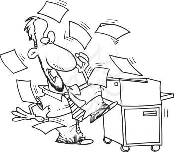 Royalty Free Clipart Image of a Man and Papers Flying Out of a Copier