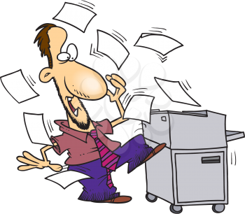 Royalty Free Clipart Image of a Man and Papers Flying Out of a Copier