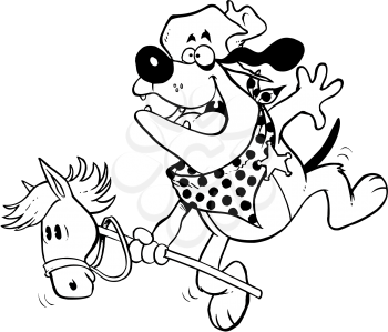Royalty Free Clipart Image of a Dog Riding a Toy Horse