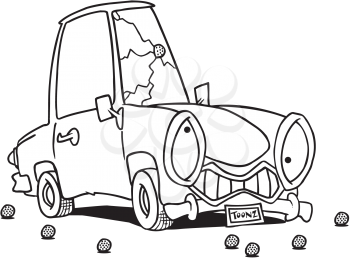 Royalty Free Clipart Image of a Car With a Cracked Windshield From Golf Balls