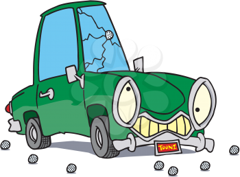 Royalty Free Clipart Image of a Car With a Cracked Windshield From Golf Balls