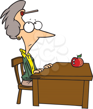 Royalty Free Clipart Image of a Teacher at Her Desk With a Dart on Her Forehead