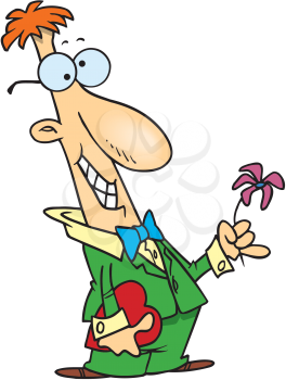 Royalty Free Clipart Image of a Man Holding a Flower and Candy
