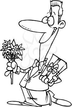 Royalty Free Clipart Image of a Man With Flowers and Candy