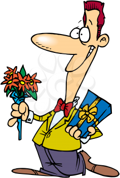 Royalty Free Clipart Image of a Man With Flowers and Candy