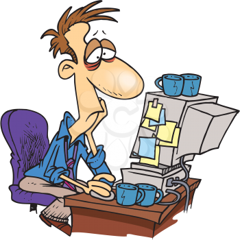 Royalty Free Clipart Image of a Bleary-Eyed Man at a Computer