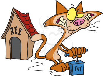 Royalty Free Clipart Image of a Cat Blowing Up a Doghouse