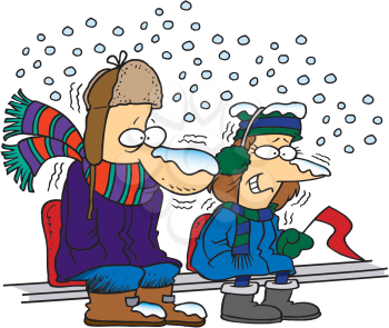 Royalty Free Clipart Image of Two People Shivering on Bleachers