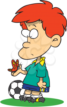 Royalty Free Clipart Image of a Soccer Player Looking at a Butterfly