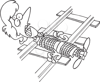 Royalty Free Clipart Image of a Woman Tied to the Tracks