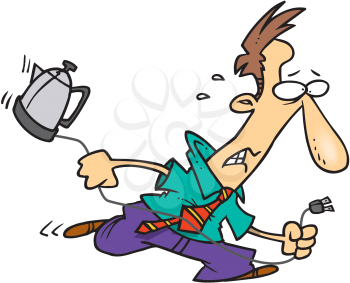 Royalty Free Clipart Image of a Man Trying to Plug in a Kettle