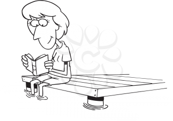 Royalty Free Clipart Image of a Woman Reading a Book on a Dock