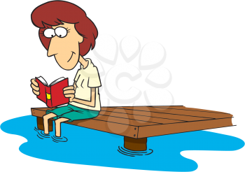 Royalty Free Clipart Image of a Woman Reading on a Dock