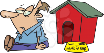 Royalty Free Clipart Image of a Man Outside a Doghouse