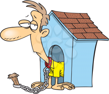 Royalty Free Clipart Image of a Man in a Doghouse