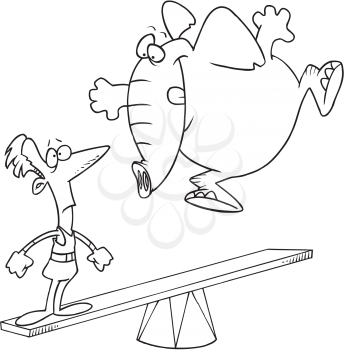 Royalty Free Clipart Image of a Man on a Board Waiting for an Elephant to Jump