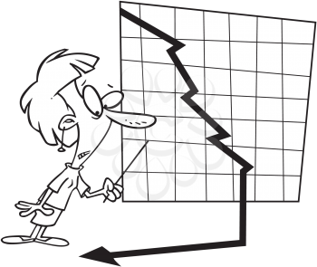 Royalty Free Clipart Image of a Graph Showing a Downturn and a Woman With a Pointer