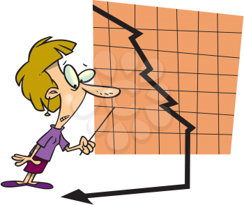 Royalty Free Clipart Image of a Woman Standing Before a Graph Showing a Downturn