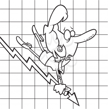 Royalty Free Clipart Image of a Woman Riding an Arrow Down a Graph