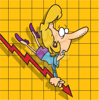 Royalty Free Clipart Image of a Woman Riding an Arrow Down a Bar Graph