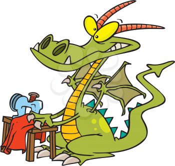 Royalty Free Clipart Image of a Dragon Sewing