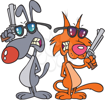 Royalty Free Clipart Image of a Cat and Dog With Guns