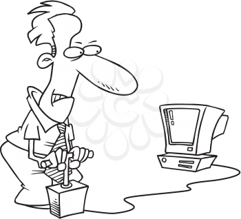 Royalty Free Clipart Image of a Man Blowing Up a Computer