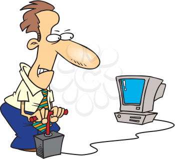 Royalty Free Clipart Image of a Man Blowing Up a Computer