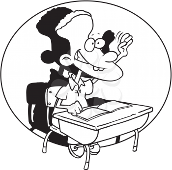 Royalty Free Clipart Image of a Child at a Desk With His Hand Raised