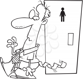 Royalty Free Clipart Image of a Man Leaving the Washroom With Toilet Paper Stuck to Him