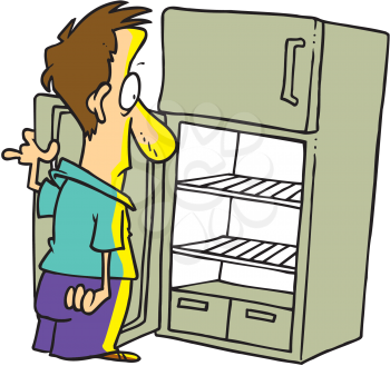 Royalty Free Clipart Image of a Man Looking in an Empty Fridge