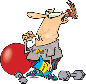 Royalty Free Clipart Image of a Man With an Exercise Ball and a Bag of Nachos