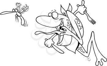 Royalty Free Clipart Image of a Frog Chasing a Dragonfly