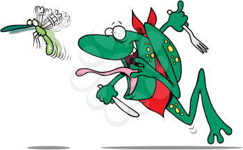 Royalty Free Clipart Image of a Frog Chasing a Dragonfly
