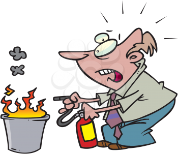 Royalty Free Clipart Image of a Man Putting Out a Fire in a Bucket