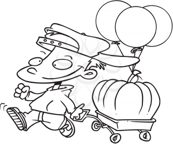 Royalty Free Clipart Image of a Boy With a Pumpkin in a Wagon