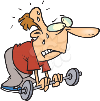 Royalty Free Clipart Image of a Feeble Man Trying to Lift a Barbell