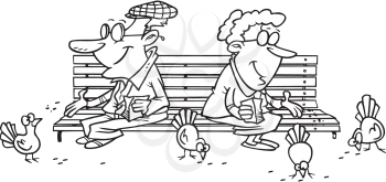 Royalty Free Clipart Image of People Feeding Pigeons on a Park Bench, 