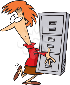 Royalty Free Clipart Image of a Woman Carrying a Filing Cabinet