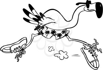 Royalty Free Clipart Image of a Flamingo in Running Shoes and Trunks