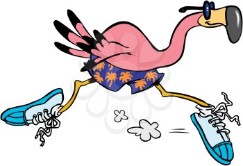 Royalty Free Clipart Image of a Flamingo in Running Shoes and Trunks