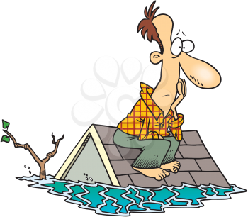 Royalty Free Clipart Image of a Man on a Roof in a Flood