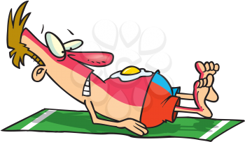 Royalty Free Clipart Image of a Sunburned Man With a Fried Egg on His Stomach