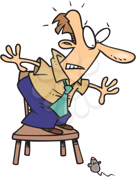 Royalty Free Clipart Image of a Man Frightened by a Mouse and Standing on a Chair