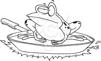Royalty Free Clipart Image of a Frog in a Frying Pan