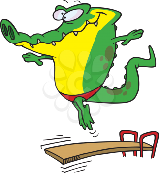 Royalty Free Clipart Image of a Gator Diving off a Board