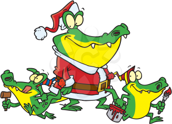 Royalty Free Clipart Image of a Santa Gator and His Gator Elves